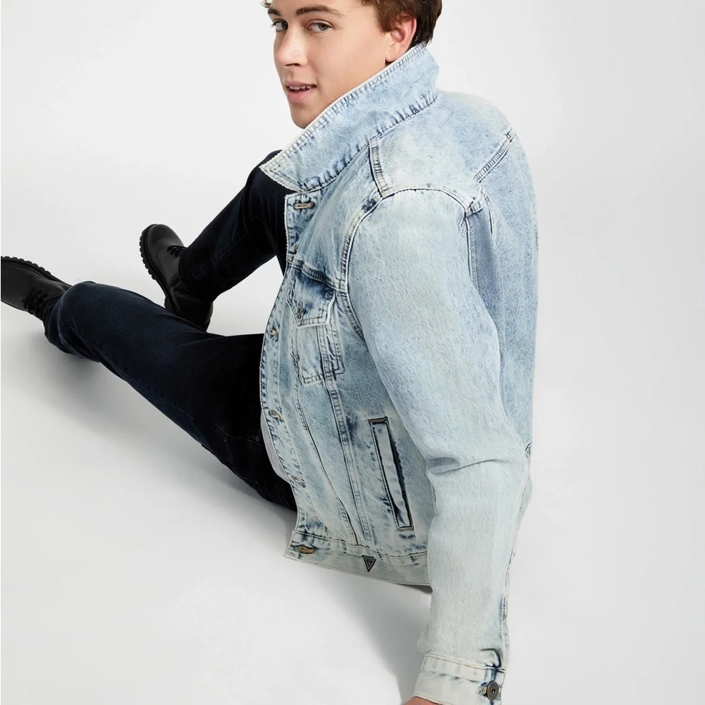 New Guess Blue Denim Jacket with Gray Hood